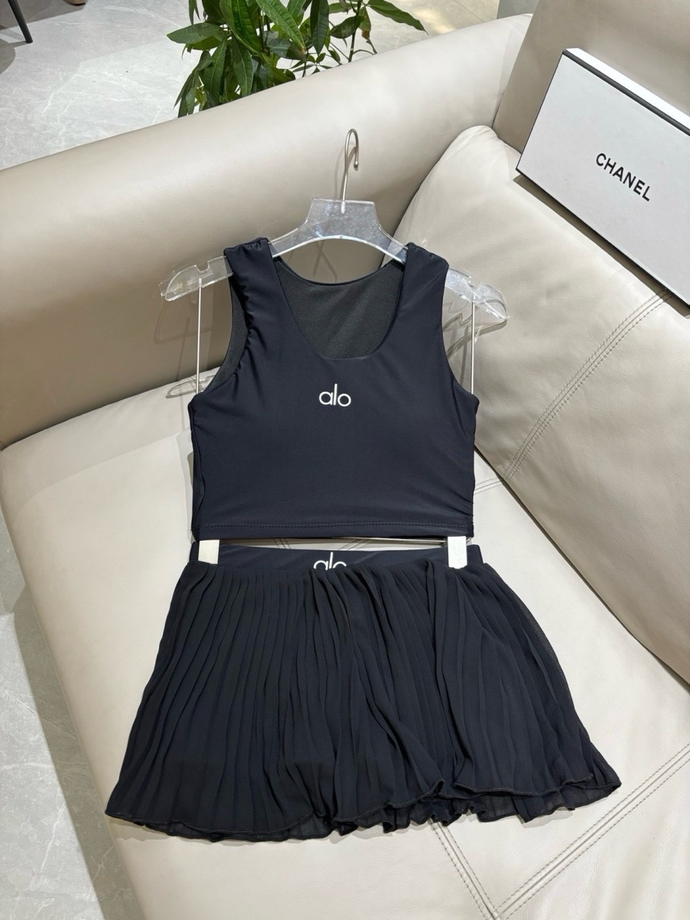 ALO Yoga Black Pleated Mini Skirt with Matching Crop Tank